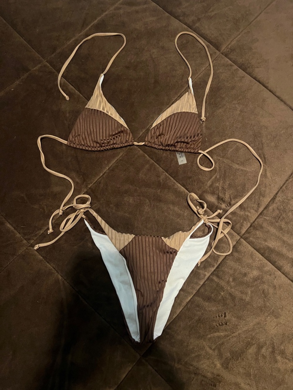 SHEIN Brown & Beige Ribbed Triangle String Bikini